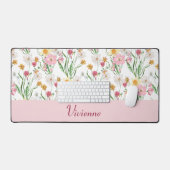 Roze Groene Waterverf Wildbloem Monogram Naam Bureaumat (Keyboard & Muis)