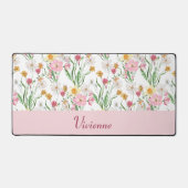 Roze Groene Waterverf Wildbloem Monogram Naam Bureaumat (Voorkant)