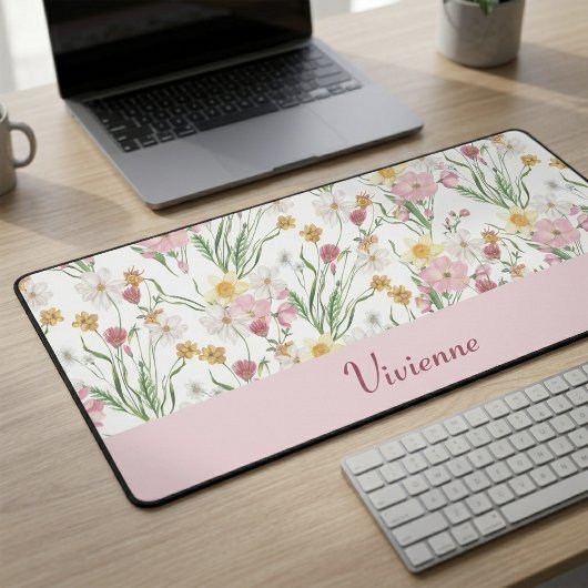 Roze Groene Waterverf Wildbloem Monogram Naam Bureaumat