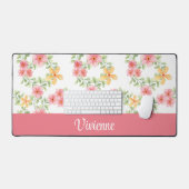 Roze Groene Waterverf Wildbloem Monogram Naam Bureaumat (Keyboard & Muis)