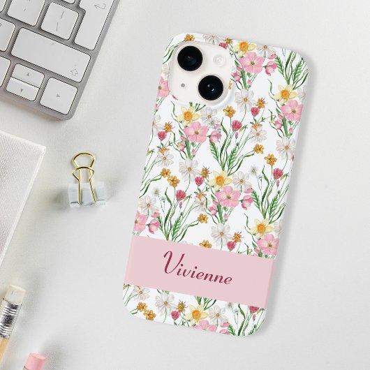 Roze Groene Waterverf Wilde Bloem Naam Case-Mate iPhone Case