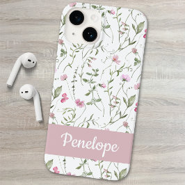 Roze Groene Waterverf Wilde Bloem Naam Case-Mate iPhone 14 Hoesje