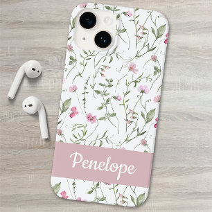 Roze Groene Waterverf Wilde Bloem Naam Case-Mate iPhone 14 Hoesje