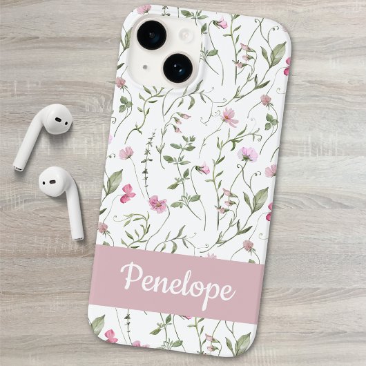 Roze Groene Waterverf Wilde Bloem Naam Case-Mate iPhone Case