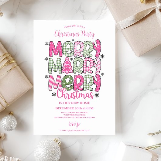 Roze Groene Whimsical Kerstmis Kaart