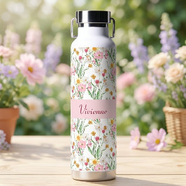 Roze Groene Wilde Bloem Watercolor Monogram Naam Waterfles