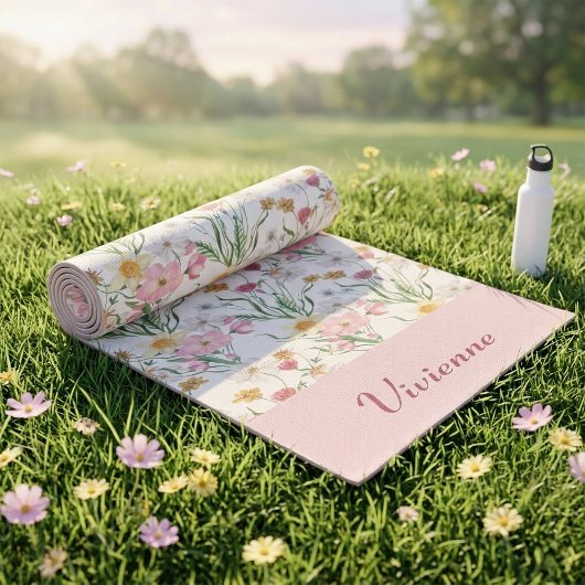Roze Groene Wilde Bloem Waterverf Aangepaste Naam Yogamat