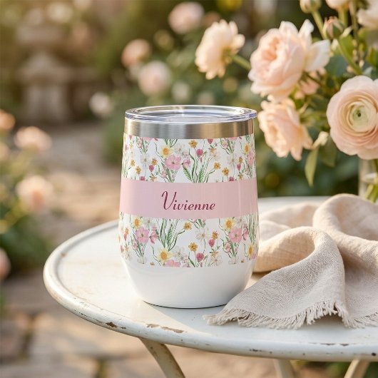 Roze Groene Wilde Bloem Waterverf Monogram Naam