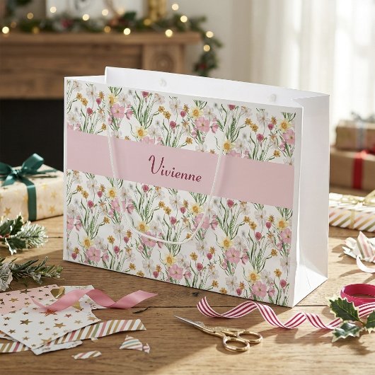 Roze Groene Wilde Bloem Waterverf Monogram Naam Groot Cadeauzakje