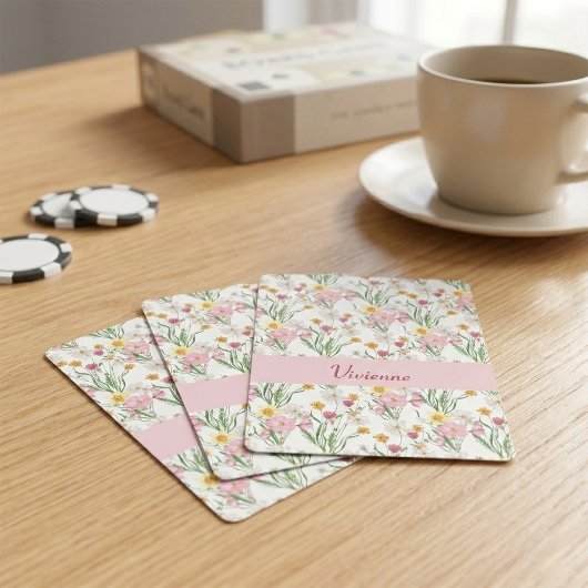 Roze Groene Wilde Bloem Waterverf Monogram Naam Pokerkaarten