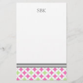 Roze, groene, witte, aangepaste monogram briefpapier (Voorkant)