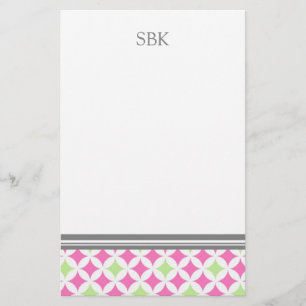 Roze, groene, witte, aangepaste monogram briefpapier