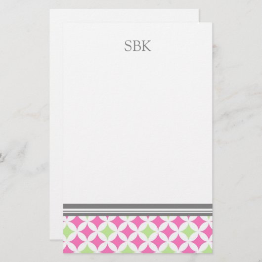 Roze, groene, witte, aangepaste monogram briefpapier (Voorkant / Achterkant)
