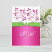 Roze, groene, witte Floral Monogram Uitnodiging (Staand voorkant)