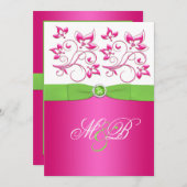 Roze, groene, witte Floral Monogram Uitnodiging (Voorkant / Achterkant)