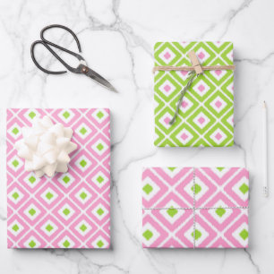 Roze, groene, witte Ikat Diamond Patroon Inpakpapier Vel