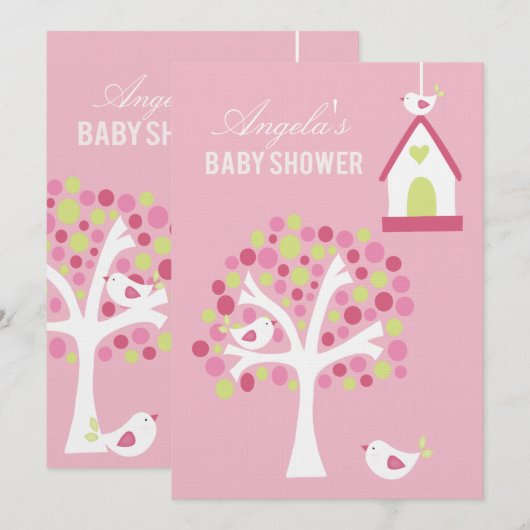 Roze Groene Witte Vogels & Boom Baby shower Uitnod Kaart (Voorkant / Achterkant)
