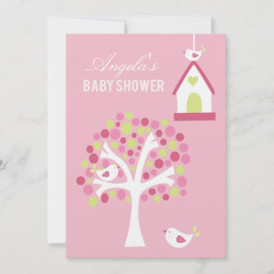 Roze Groene Witte Vogels & Boom Baby shower Uitnod Kaart