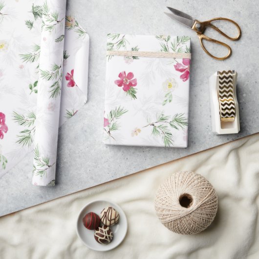 Roze, groene, witte Waterverf bloemen voor kerstmi Cadeaupapier (Crafts)