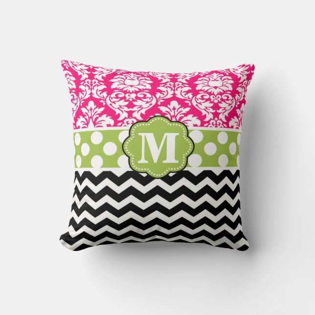 Roze groene zwarte Damask Chevron Monogram Pillow Kussen (Voorkant)