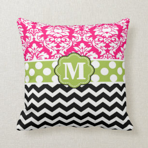 Roze groene zwarte Damask Chevron Monogram Pillow Kussen