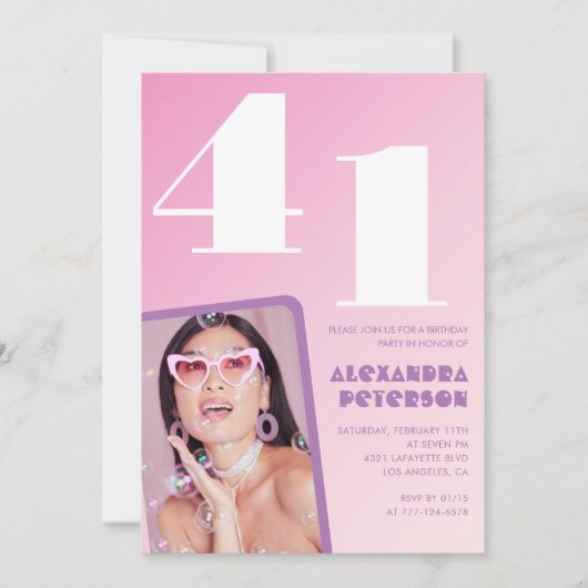 Roze Groovy 41e verjaardag uitnodigingen Retro Fot (Voorkant)