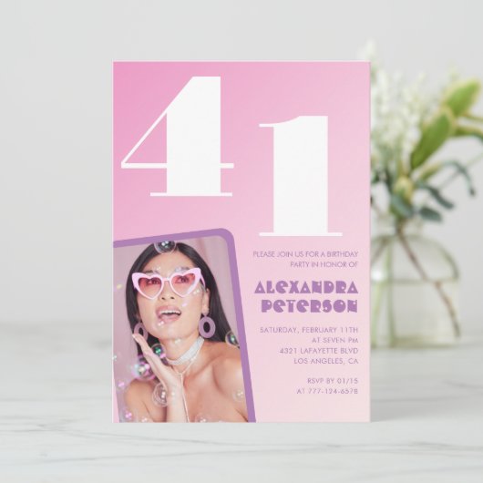 Roze Groovy 41e verjaardag uitnodigingen Retro Fot (Staand voorkant)