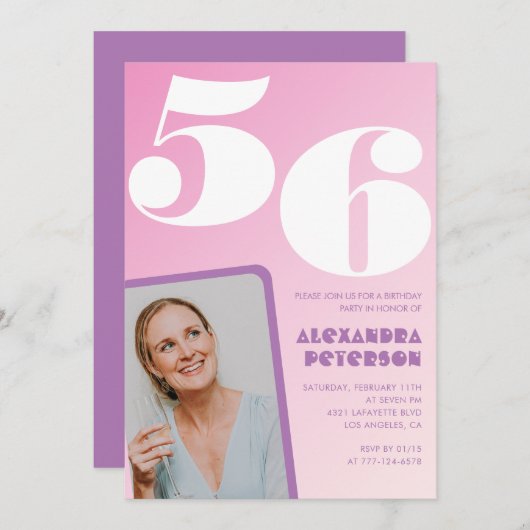 Roze Groovy 56e verjaardag uitnodigingen Retro Fot (Voorkant / Achterkant)