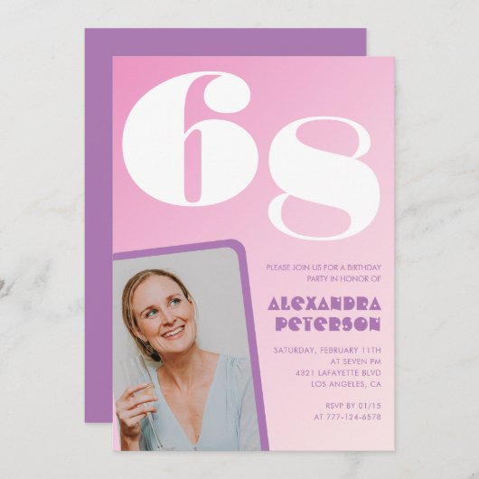 Roze Groovy 68e verjaardag uitnodigingen Retro Fot (Voorkant / Achterkant)