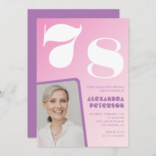 Roze Groovy 78e verjaardag uitnodigingen Retro Fot (Voorkant / Achterkant)