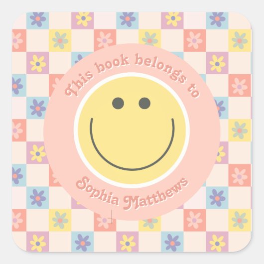 Roze Groovy Boho Retro Kinder Boekplaat Vierkante Sticker (Voorkant)