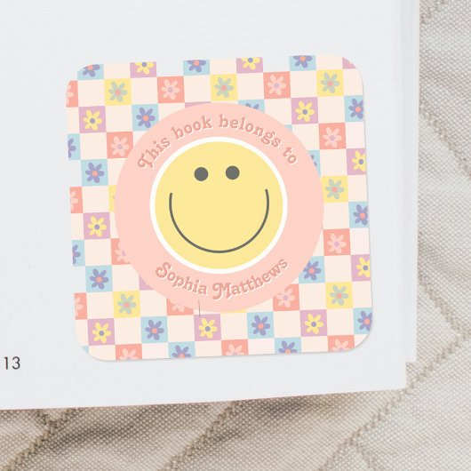 Roze Groovy Boho Retro Kinder Boekplaat Vierkante Sticker