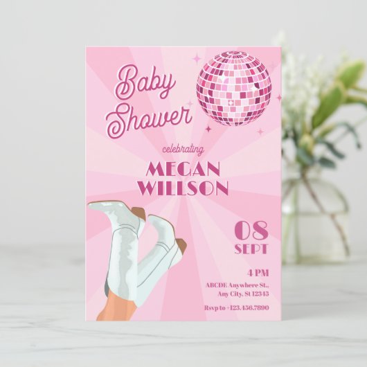 Roze groovy boots discobal baby shower kaart (Staand voorkant)