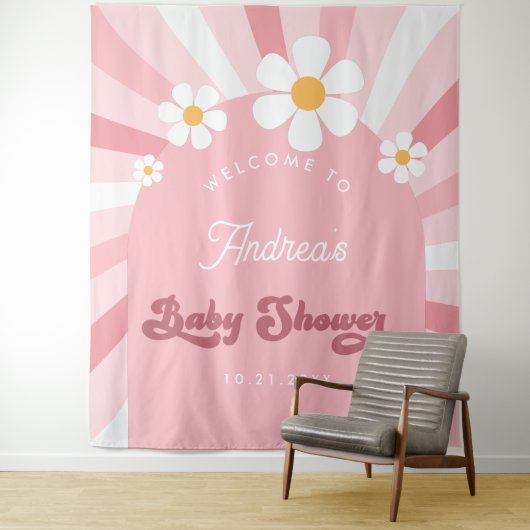 Roze Groovy Daisy Retro 70s Baby shower achtergron Wandkleed (In situ)