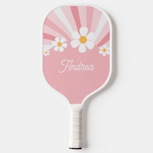 Roze Groovy Daisy Retro 70's Voeg je aangepaste na Pickleball Paddle (Achterkant)