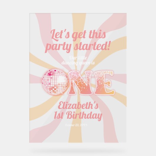 Roze Groovy Dancing Queen 1e Verjaardag Welkom Acryl Bord (Voorkant)
