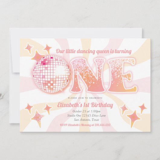 Roze Groovy Disco Dancing Queen Eerste Verjaardag Kaart (Voorkant)