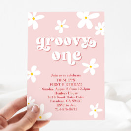 Roze Groovy Een Eerste Verjaardag Retro Daisy Kaart