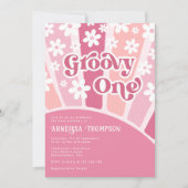 Roze Groovy Eén Retro Bloemen Meisjes Verjaardag Kaart (Voorkant)