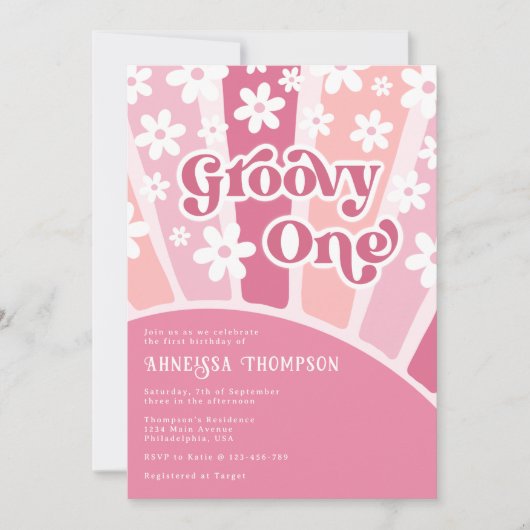 Roze Groovy Eén Retro Bloemen Meisjes Verjaardag Kaart (Voorkant)