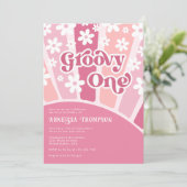 Roze Groovy Eén Retro Bloemen Meisjes Verjaardag Kaart (Staand voorkant)