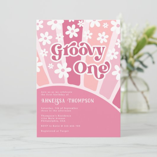 Roze Groovy Eén Retro Bloemen Meisjes Verjaardag Kaart (Staand voorkant)