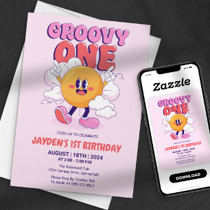 Roze Groovy Eén Retro Zon Eerste Verjaardag Kaart