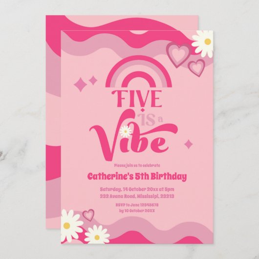 Roze Groovy Five is Vibe Birthday Uitnodiging (Voorkant / Achterkant)