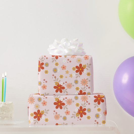 Roze Groovy Flower Retro Cadeaupapier (Feestgeschenken)