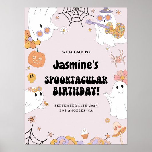 Roze Groovy Ghost Birthday Welcome Sign Poster (Voorkant)
