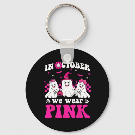 Roze Groovy Ghost Halloween borstkanker Awarenes Sleutelhanger (Voorkant)