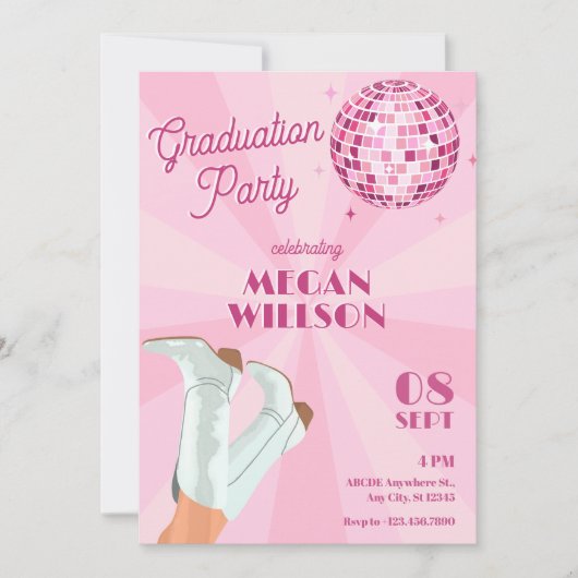 Roze groovy laarzen discobal afstudeerfeest kaart (Voorkant)