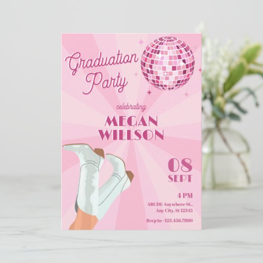 Roze groovy laarzen discobal afstudeerfeest kaart (Staand voorkant)