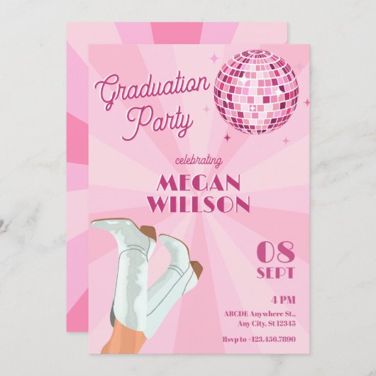Roze groovy laarzen discobal afstudeerfeest kaart (Voorkant / Achterkant)